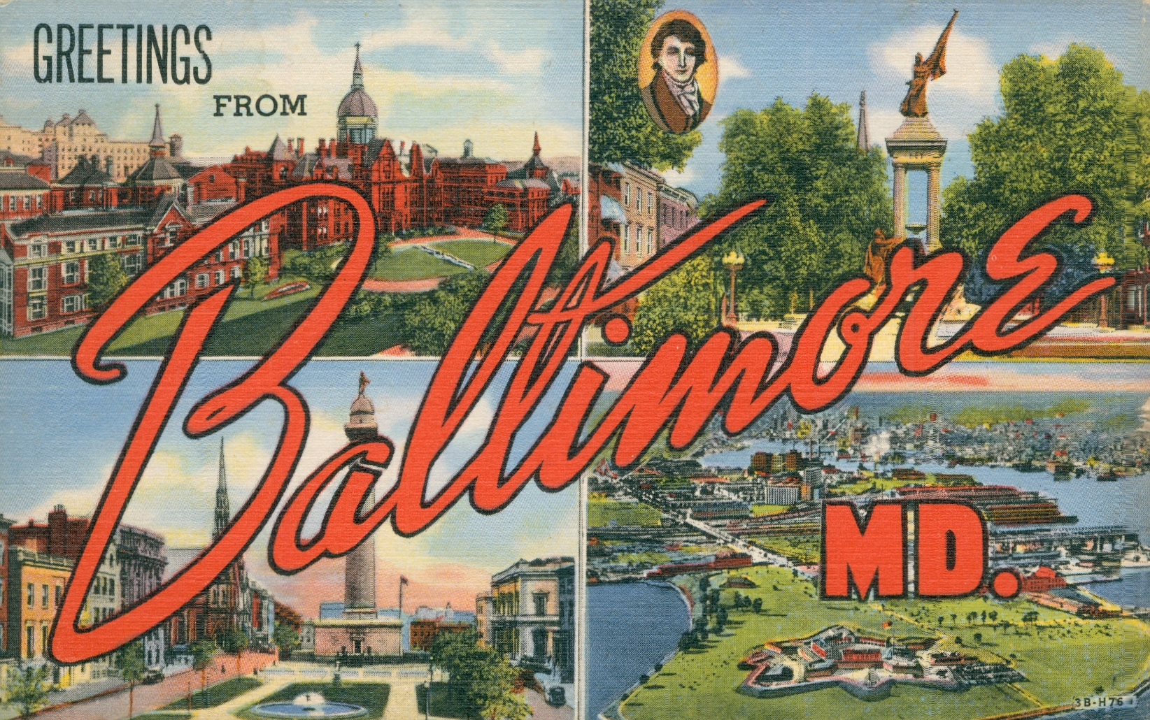 a vintage postcard that says, 'Greetings from Baltimore, MD.' in orange, with an array of baltimore landmarks behind it.