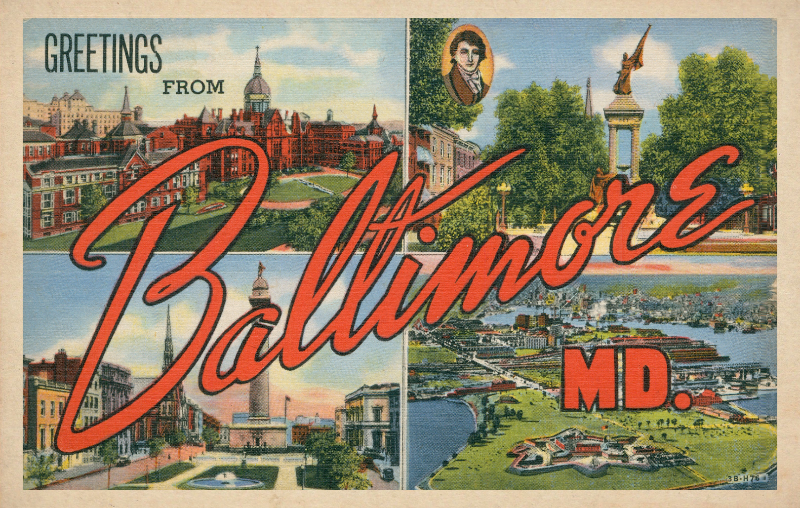 a vintage postcard that says, 'Greetings from Baltimore, MD.' in orange, with an array of baltimore landmarks behind it.